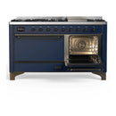 ILVE Majestic III 60-inch Dual Fuel Range with 5 Liquid Propane Burner, Griddle and Solid Door Electric Oven in Midnight Blue with Burnished Trim (UM60FQNR3MBBLP)