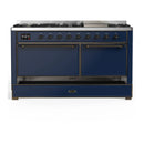 ILVE Majestic III 60-inch Dual Fuel Range with 7 Natural Gas Burner, Griddle and Solid Door Electric Oven in Midnight Blue with Burnished Trim (UM60FQNR3MBB)