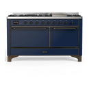 ILVE Majestic III 60-inch Dual Fuel Range with 7 Natural Gas Burner, Griddle and Solid Door Electric Oven in Midnight Blue with Burnished Trim (UM60FQNR3MBB)