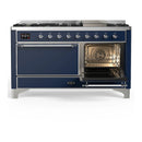 ILVE Majestic III 60-inch Dual Fuel Range with 5 Liquid Propane Burner, Griddle and Solid Door Electric Oven in Midnight Blue with Chrome Trim (UM60FQNR3MBCLP)