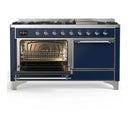 ILVE Majestic III 60-inch Dual Fuel Range with 7 Natural Gas Burner, Griddle and Solid Door Electric Oven in Midnight Blue with Chrome Trim (UM60FQNR3MBC)