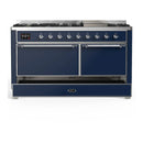 ILVE Majestic III 60-inch Dual Fuel Range with 7 Natural Gas Burner, Griddle and Solid Door Electric Oven in Midnight Blue with Chrome Trim (UM60FQNR3MBC)