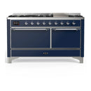 ILVE Majestic III 60-inch Dual Fuel Range with 7 Natural Gas Burner, Griddle and Solid Door Electric Oven in Midnight Blue with Chrome Trim (UM60FQNR3MBC)
