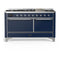 ILVE Majestic III 60-inch Dual Fuel Range with 7 Natural Gas Burner, Griddle and Solid Door Electric Oven in Midnight Blue with Chrome Trim (UM60FQNR3MBC)