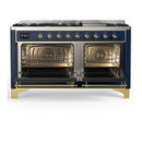 ILVE Majestic III 60-inch Dual Fuel Range with 7 Natural Gas Burner, Griddle and Solid Door Electric Oven in Blue Grey with Brass Trim (UM60FQNR3MBG)