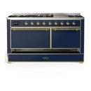 ILVE Majestic III 60-inch Dual Fuel Range with 7 Natural Gas Burner, Griddle and Solid Door Electric Oven in Blue Grey with Brass Trim (UM60FQNR3MBG)