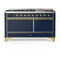 ILVE Majestic III 60-inch Dual Fuel Range with 7 Natural Gas Burner, Griddle and Solid Door Electric Oven in Blue Grey with Brass Trim (UM60FQNR3MBG)