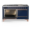 ILVE Majestic III 60-inch Dual Fuel Range with 7 Natural Gas Burner, Griddle and Solid Door Electric Oven in Midnight Blue with Copper Trim (UM60FQNR3MBP)