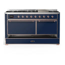 ILVE Majestic III 60-inch Dual Fuel Range with 7 Natural Gas Burner, Griddle and Solid Door Electric Oven in Midnight Blue with Copper Trim (UM60FQNR3MBP)