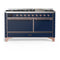 ILVE Majestic III 60-inch Dual Fuel Range with 7 Natural Gas Burner, Griddle and Solid Door Electric Oven in Midnight Blue with Copper Trim (UM60FQNR3MBP)