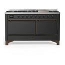 ILVE Majestic III 60-inch Dual Fuel Range with 7 Natural Gas Burner, Griddle and Solid Door Electric Oven in Graphite Matte with Burnished Trim (UM60FQNR3MGB)