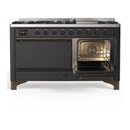 ILVE Majestic III 60-inch Dual Fuel Range with 7 Natural Gas Burner, Griddle and Solid Door Electric Oven in Graphite Matte with Burnished Trim (UM60FQNR3MGB)
