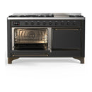 ILVE Majestic III 60-inch Dual Fuel Range with 7 Natural Gas Burner, Griddle and Solid Door Electric Oven in Graphite Matte with Burnished Trim (UM60FQNR3MGB)