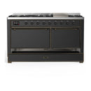 ILVE Majestic III 60-inch Dual Fuel Range with 7 Natural Gas Burner, Griddle and Solid Door Electric Oven in Graphite Matte with Burnished Trim (UM60FQNR3MGB)
