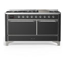 ILVE Majestic III 60-inch Dual Fuel Range with 7 Natural Gas Burner, Griddle and Solid Door Electric Oven in Graphite Matte with Chrome Trim (UM60FQNR3MGC)