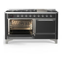 ILVE Majestic III 60-inch Dual Fuel Range with 7 Natural Gas Burner, Griddle and Solid Door Electric Oven in Graphite Matte with Chrome Trim (UM60FQNR3MGC)