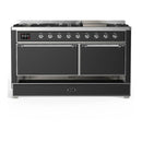 ILVE Majestic III 60-inch Dual Fuel Range with 7 Natural Gas Burner, Griddle and Solid Door Electric Oven in Graphite Matte with Chrome Trim (UM60FQNR3MGC)