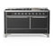 ILVE Majestic III 60-inch Dual Fuel Range with 7 Natural Gas Burner, Griddle and Solid Door Electric Oven in Graphite Matte with Chrome Trim (UM60FQNR3MGC)