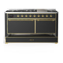 ILVE Majestic III 60-inch Dual Fuel Range with 5 Liquid Propane Burner, Griddle and Solid Door Electric Oven in Graphite Matte with Brass Trim (UM60FQNR3MGGLP)
