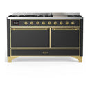 ILVE Majestic III 60-inch Dual Fuel Range with 7 Natural Gas Burner, Griddle and Solid Door Electric Oven in Graphite Matte with Brass Trim (UM60FQNR3MGG)