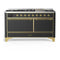 ILVE Majestic III 60-inch Dual Fuel Range with 7 Natural Gas Burner, Griddle and Solid Door Electric Oven in Graphite Matte with Brass Trim (UM60FQNR3MGG)