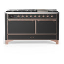 ILVE Majestic III 60-inch Dual Fuel Range with 5 Liquid Propane Burner, Griddle and Solid Door Electric Oven in Graphite Matte with Copper Trim (UM60FQNR3MGPLP)