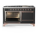ILVE Majestic III 60-inch Dual Fuel Range with 7 Natural Gas Burner, Griddle and Solid Door Electric Oven in Graphite Matte with Copper Trim (UM60FQNR3MGP)