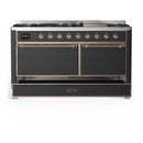 ILVE Majestic III 60-inch Dual Fuel Range with 7 Natural Gas Burner, Griddle and Solid Door Electric Oven in Graphite Matte with Copper Trim (UM60FQNR3MGP)
