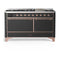 ILVE Majestic III 60-inch Dual Fuel Range with 7 Natural Gas Burner, Griddle and Solid Door Electric Oven in Graphite Matte with Copper Trim (UM60FQNR3MGP)