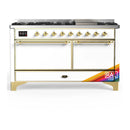 ILVE Majestic III 60-inch Dual Fuel Range with 7 Natural Gas Burner, Griddle and Solid Door Electric Oven in RAL with Brass Trim (UM60FQNR3RAG)