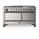 ILVE Majestic III 60-inch Dual Fuel Range with 7 Natural Gas Burner, Griddle and Solid Door Electric Oven in Stainless Steel with Burnished Trim (UM60FQNR3SSB)