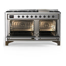 ILVE Majestic III 60-inch Dual Fuel Range with 7 Natural Gas Burner, Griddle and Solid Door Electric Oven in Stainless Steel with Burnished Trim (UM60FQNR3SSB)