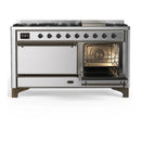 ILVE Majestic III 60-inch Dual Fuel Range with 7 Natural Gas Burner, Griddle and Solid Door Electric Oven in Stainless Steel with Burnished Trim (UM60FQNR3SSB)