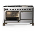 ILVE Majestic III 60-inch Dual Fuel Range with 7 Natural Gas Burner, Griddle and Solid Door Electric Oven in Stainless Steel with Burnished Trim (UM60FQNR3SSB)