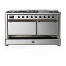 ILVE Majestic III 60-inch Dual Fuel Range with 7 Natural Gas Burner, Griddle and Solid Door Electric Oven in Stainless Steel with Burnished Trim (UM60FQNR3SSB)