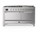 ILVE Majestic III 60-inch Dual Fuel Range with 7 Natural Gas Burner, Griddle and Solid Door Electric Oven in Stainless Steel with Chrome Trim (UM60FQNR3SSC)