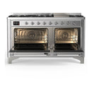 ILVE Majestic III 60-inch Dual Fuel Range with 7 Natural Gas Burner, Griddle and Solid Door Electric Oven in Stainless Steel with Chrome Trim (UM60FQNR3SSC)