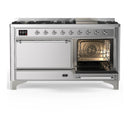 ILVE Majestic III 60-inch Dual Fuel Range with 7 Natural Gas Burner, Griddle and Solid Door Electric Oven in Stainless Steel with Chrome Trim (UM60FQNR3SSC)