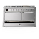 ILVE Majestic III 60-inch Dual Fuel Range with 7 Natural Gas Burner, Griddle and Solid Door Electric Oven in Stainless Steel with Chrome Trim (UM60FQNR3SSC)