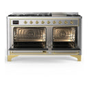 ILVE Majestic III 60-inch Dual Fuel Range with 7 Natural Gas Burner, Griddle and Solid Door Electric Oven in Stainless Steel with Brass Trim (UM60FQNR3SSG)