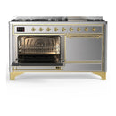 ILVE Majestic III 60-inch Dual Fuel Range with 7 Natural Gas Burner, Griddle and Solid Door Electric Oven in Stainless Steel with Brass Trim (UM60FQNR3SSG)