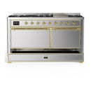 ILVE Majestic III 60-inch Dual Fuel Range with 7 Natural Gas Burner, Griddle and Solid Door Electric Oven in Stainless Steel with Brass Trim (UM60FQNR3SSG)