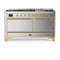 ILVE Majestic III 60-inch Dual Fuel Range with 7 Natural Gas Burner, Griddle and Solid Door Electric Oven in Stainless Steel with Brass Trim (UM60FQNR3SSG)