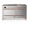 ILVE Majestic III 60-inch Dual Fuel Range with 5 Liquid Propane Burner, Griddle and Solid Door Electric Oven in Stainless Steel with Copper Trim (UM60FQNR3SSPLP)