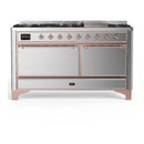 ILVE Majestic III 60-inch Dual Fuel Range with 7 Natural Gas Burner, Griddle and Solid Door Electric Oven in Stainless Steel with Copper Trim (UM60FQNR3SSP)