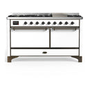 ILVE Majestic III 60-inch Dual Fuel Range with 7 Natural Gas Burner, Griddle and Solid Door Electric Oven in White with Burnished Trim (UM60FQNR3WHB)