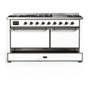 ILVE Majestic III 60-inch Dual Fuel Range with 7 Natural Gas Burner, Griddle and Solid Door Electric Oven in White with Burnished Trim (UM60FQNR3WHB)