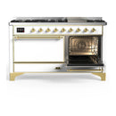 ILVE Majestic III 60-inch Dual Fuel Range with 7 Natural Gas Burner, Griddle and Solid Door Electric Oven in White with Brass Trim (UM60FQNR3WHG)