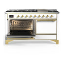 ILVE Majestic III 60-inch Dual Fuel Range with 7 Natural Gas Burner, Griddle and Solid Door Electric Oven in White with Brass Trim (UM60FQNR3WHG)