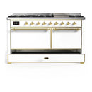 ILVE Majestic III 60-inch Dual Fuel Range with 7 Natural Gas Burner, Griddle and Solid Door Electric Oven in White with Brass Trim (UM60FQNR3WHG)